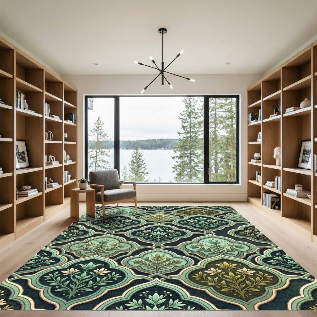 Green Floral Arabesque Lattice Rug