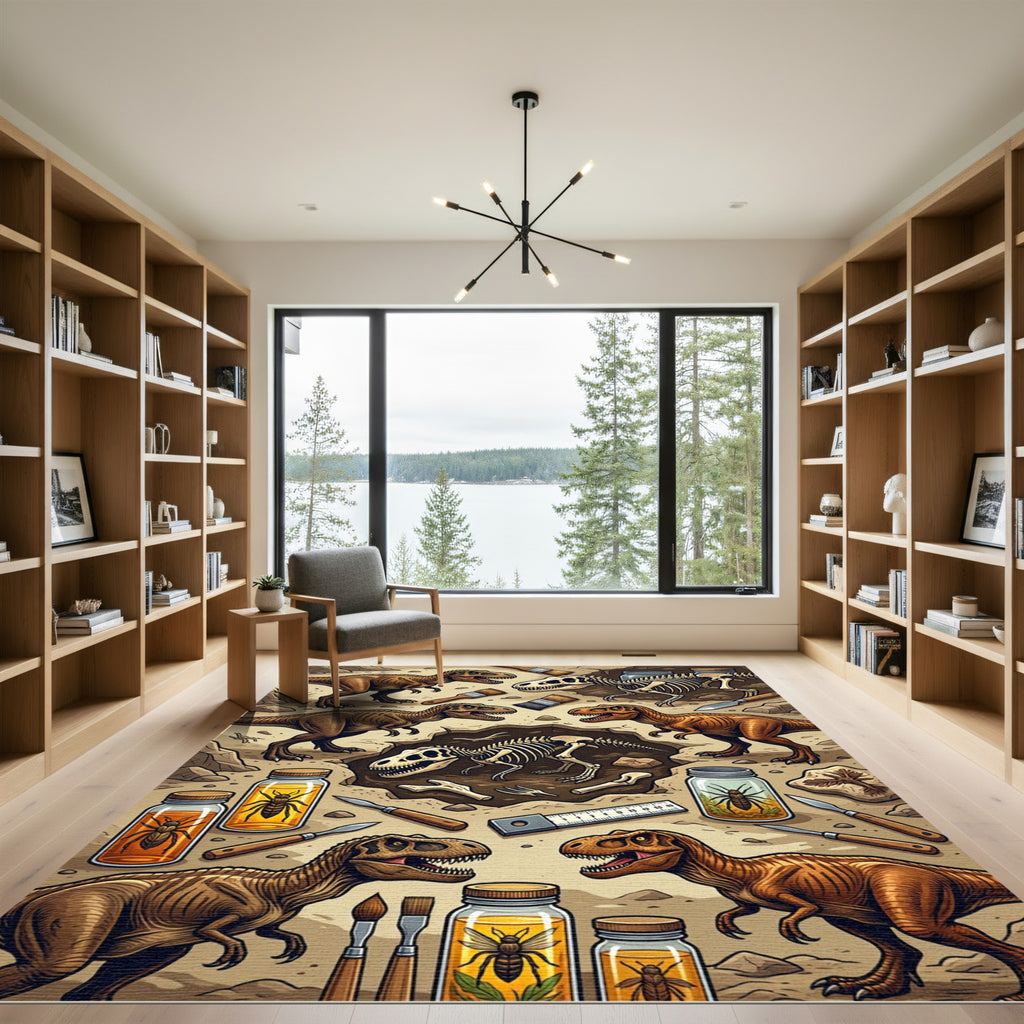 Prehistoric Fossil Dinosaur Excavation Earth Tones Rug