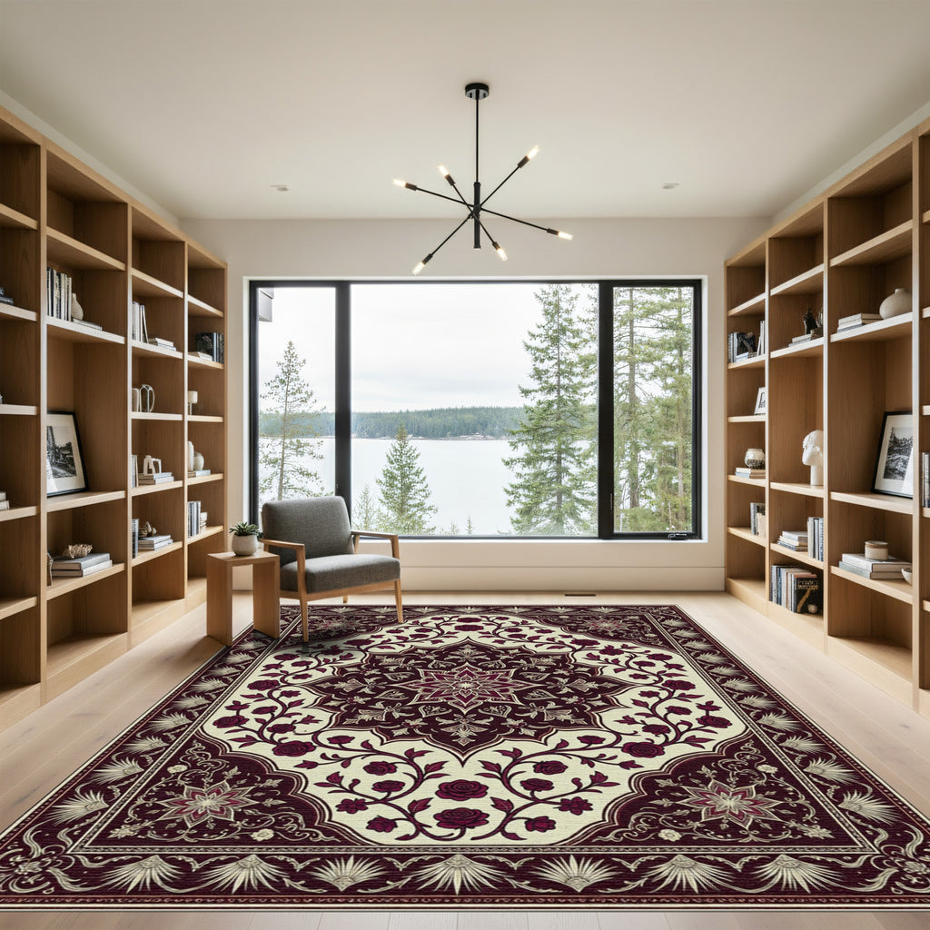 Deep Crimson Rose Floral Medallion Rug