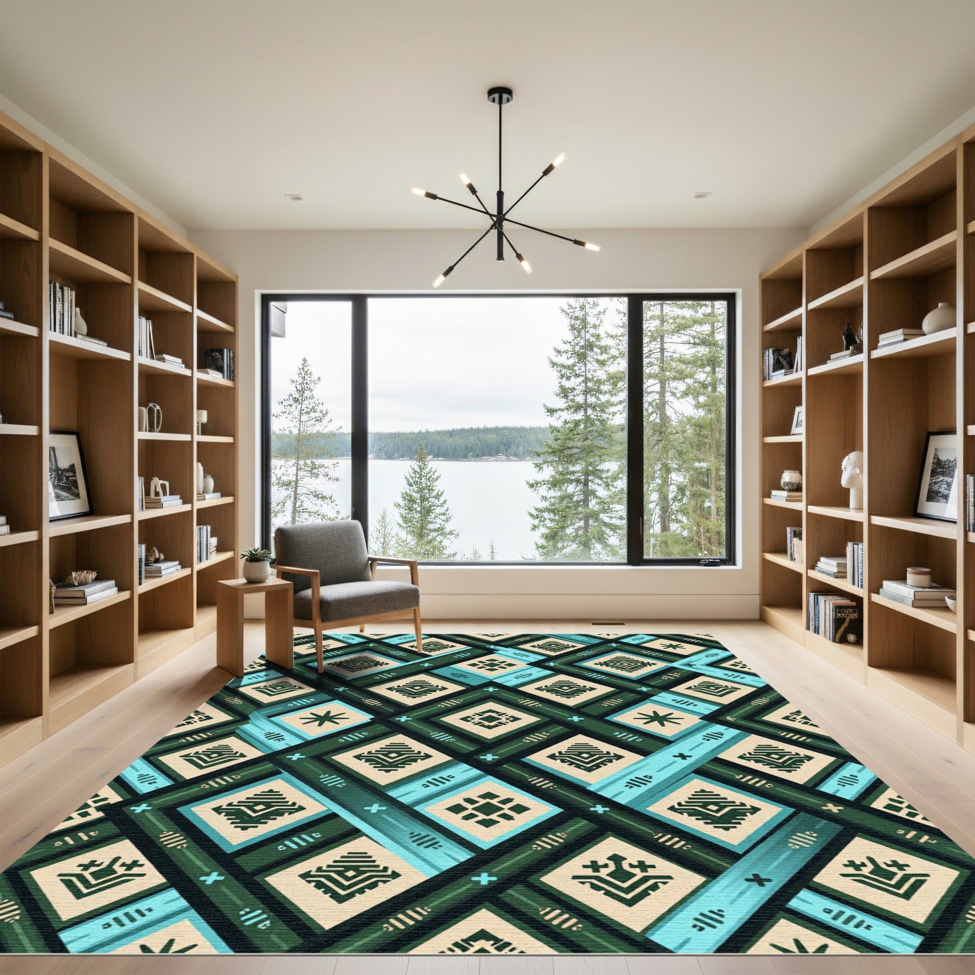 Geometric Teal and Forest Green Diamond Rug