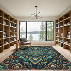 Teal and Gold Botanical Nautical Medallion Rug