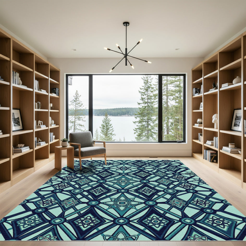 Teal Atomic Diamond Geometric Medallion Rug