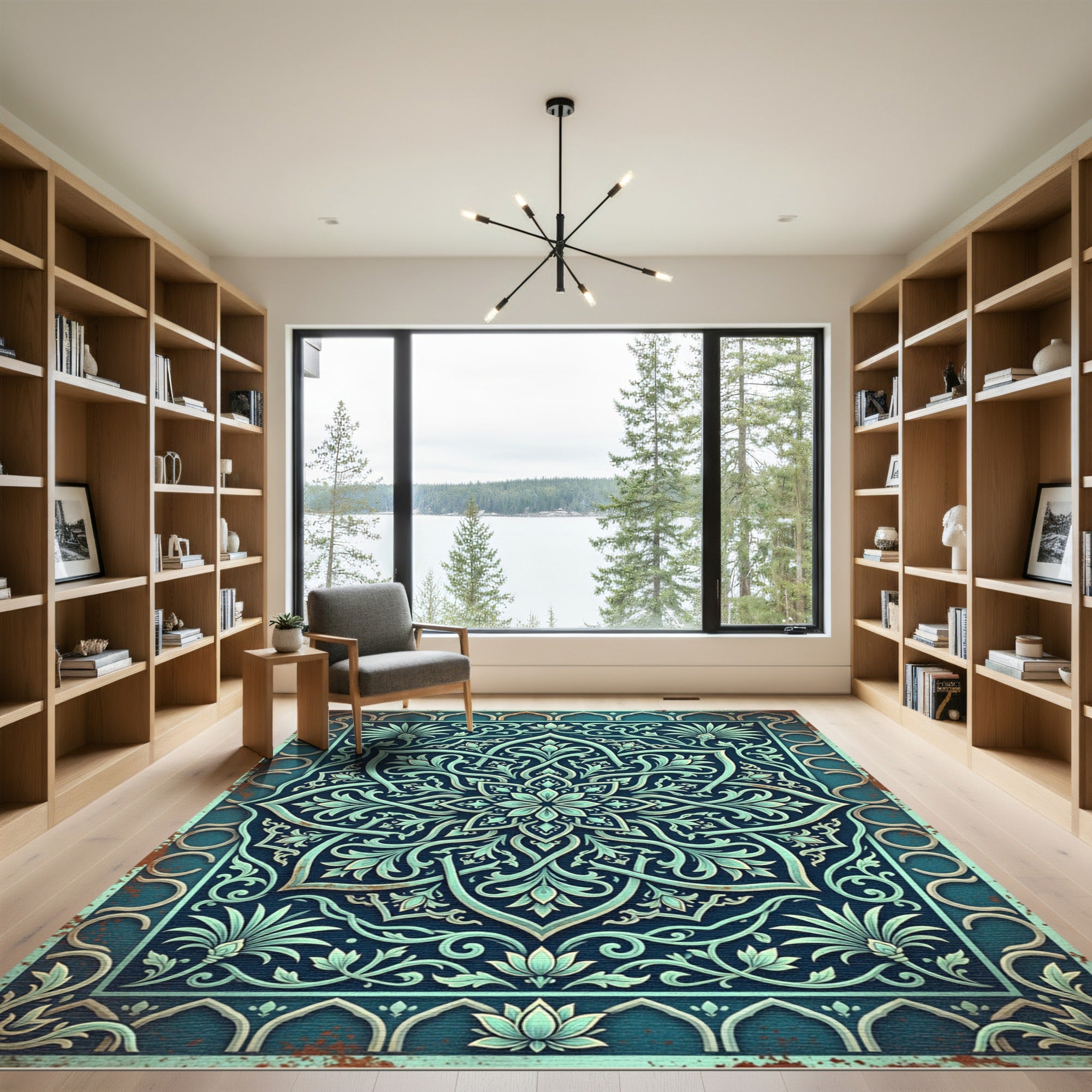 Elegant Teal Floral Medallion Flourish Rug