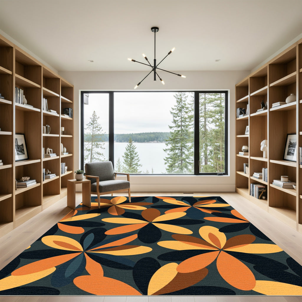 Retro Mid-Century Golden Floral Graphic Rug
