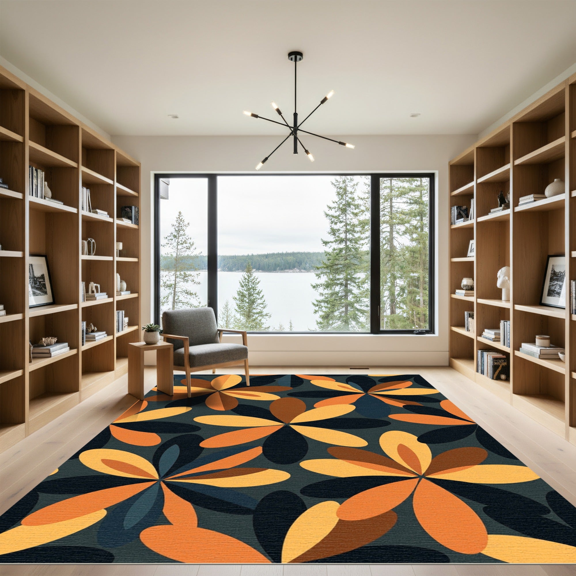 Retro Mid-Century Golden Floral Graphic Rug