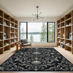 Ornate Black White Scallop Flourish Rug