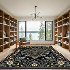 Antique Black Floral Medallion Scrollwork Rug