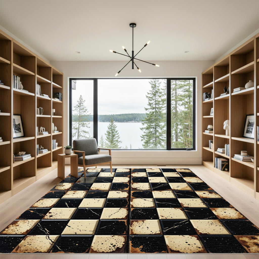 Aged Black Cream Checkerboard Splatter Rug