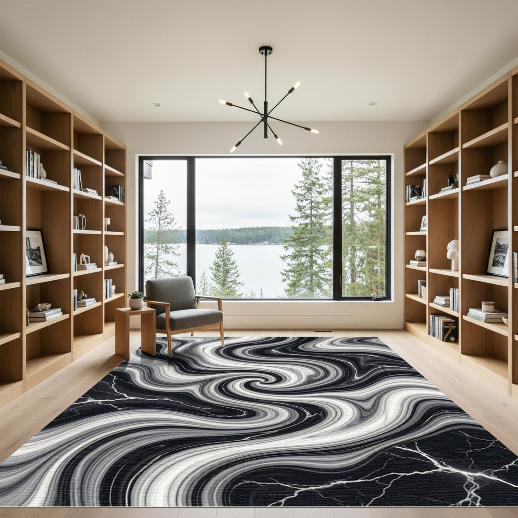 Monochrome Swirl Marble Surface Rug