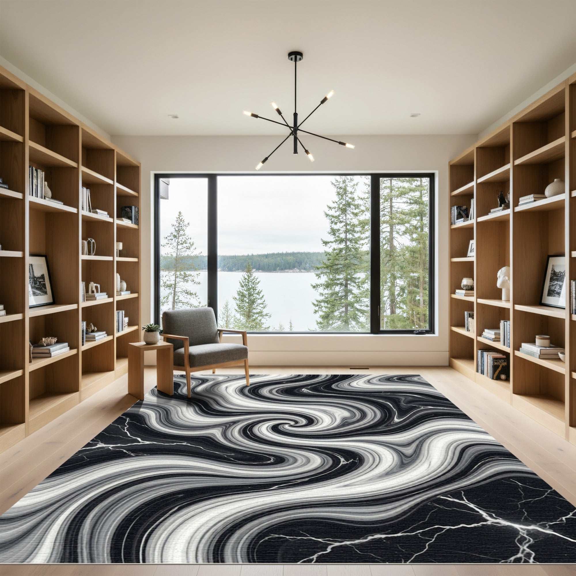 Monochrome Swirl Marble Surface Rug