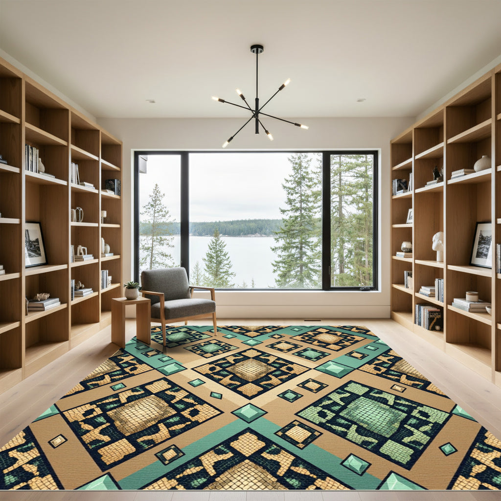 Tan Teal Snake Skin Diamond Rug