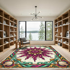 Ornate Pink Golden Sunburst Frame Rug
