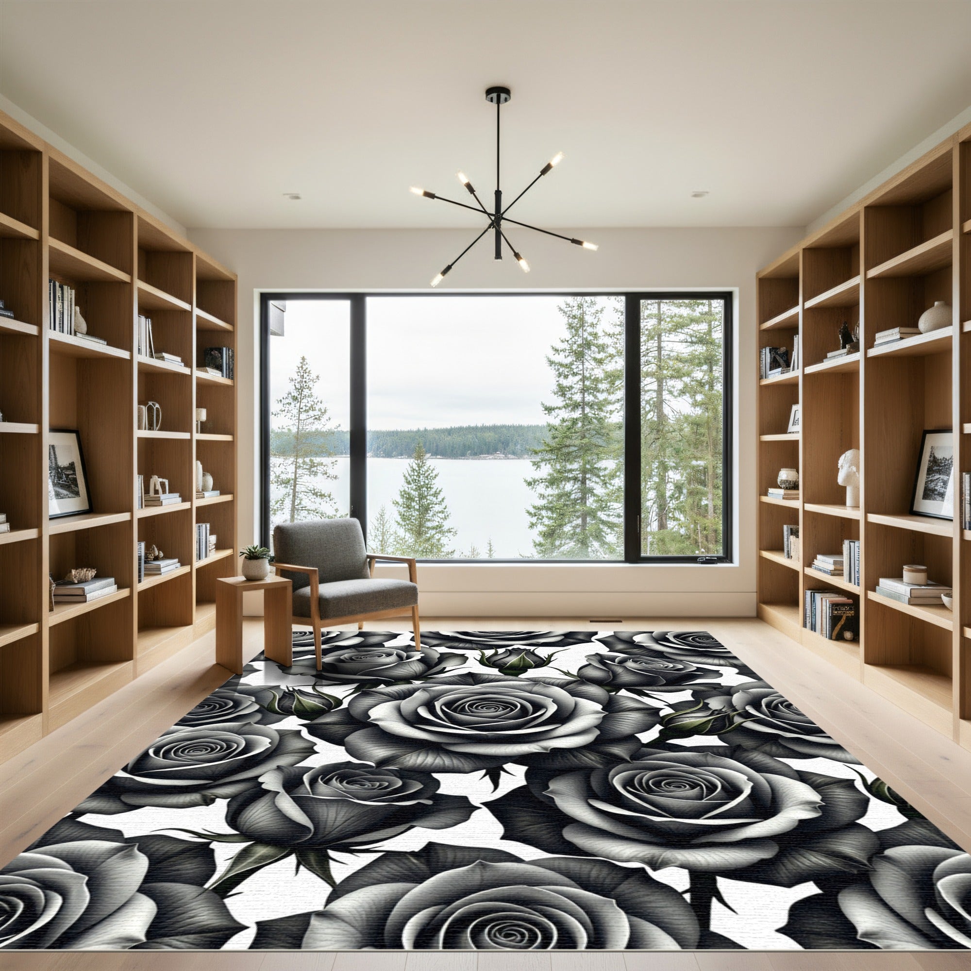 Monochromatic Charcoal Rose Garden Rug