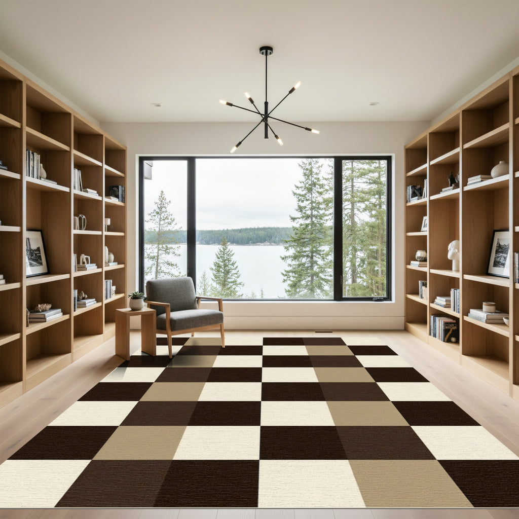 Brown Cream Plaid Squares Rug