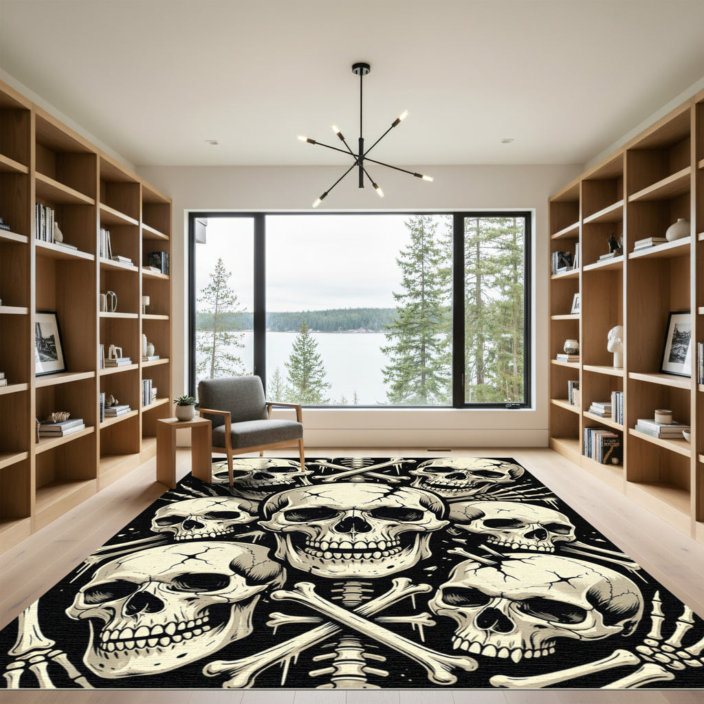 Gothic Monochrome Skull Crossbone Artwork Rug