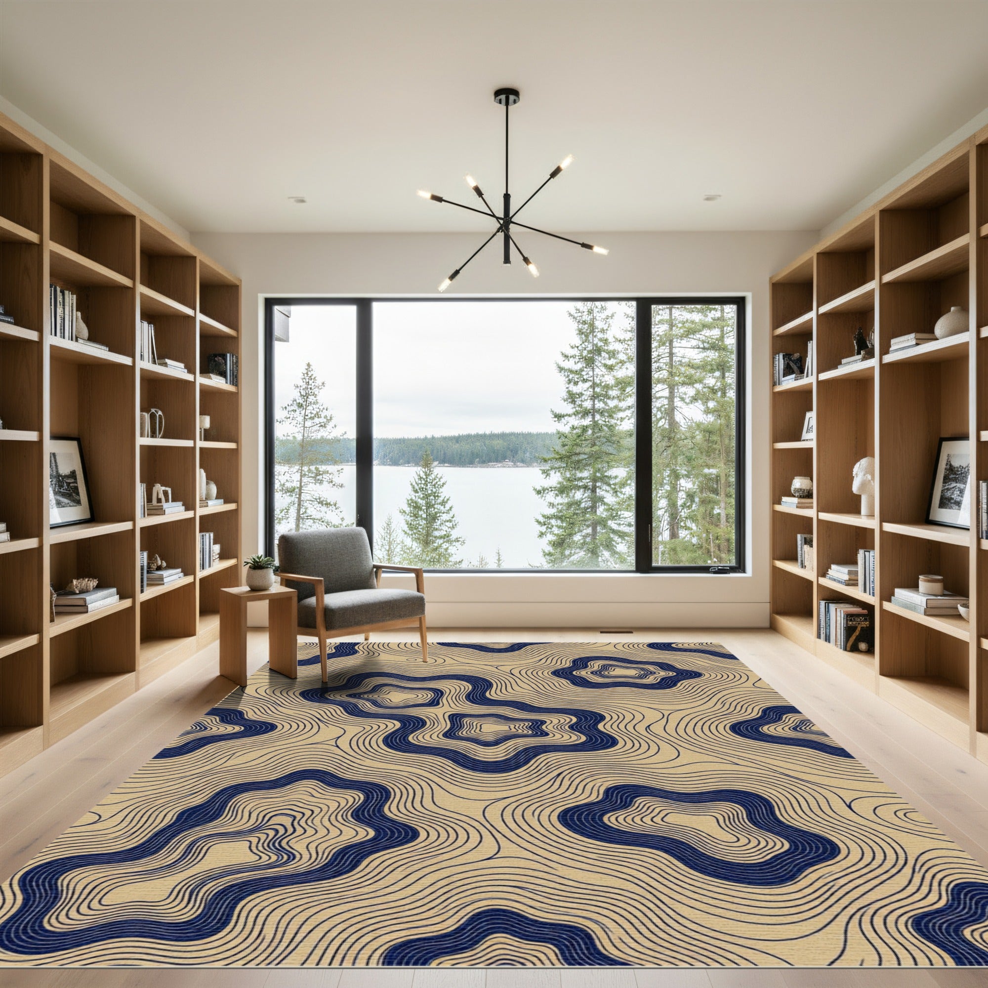 Navy Blue And Beige Topographic Lines Rug