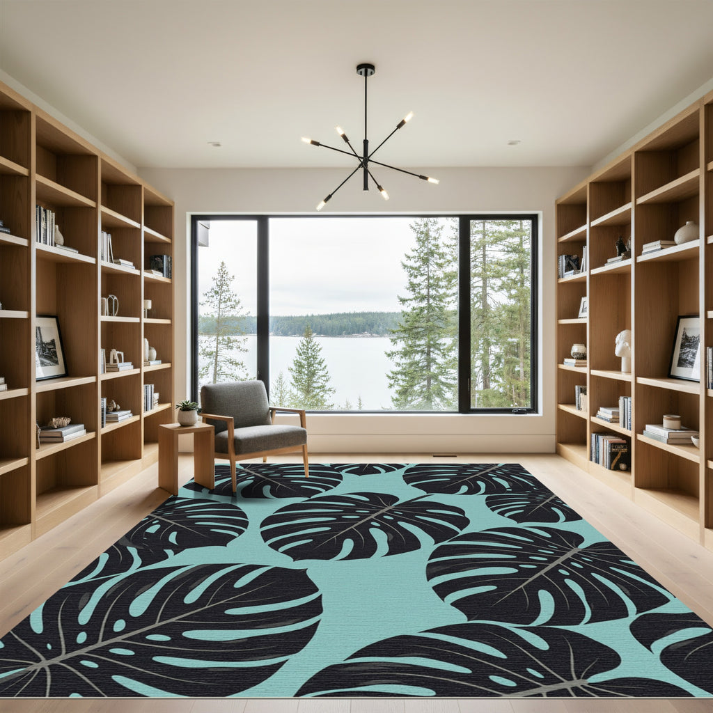 Lush Tropical Monstera Leaf Teal Rug