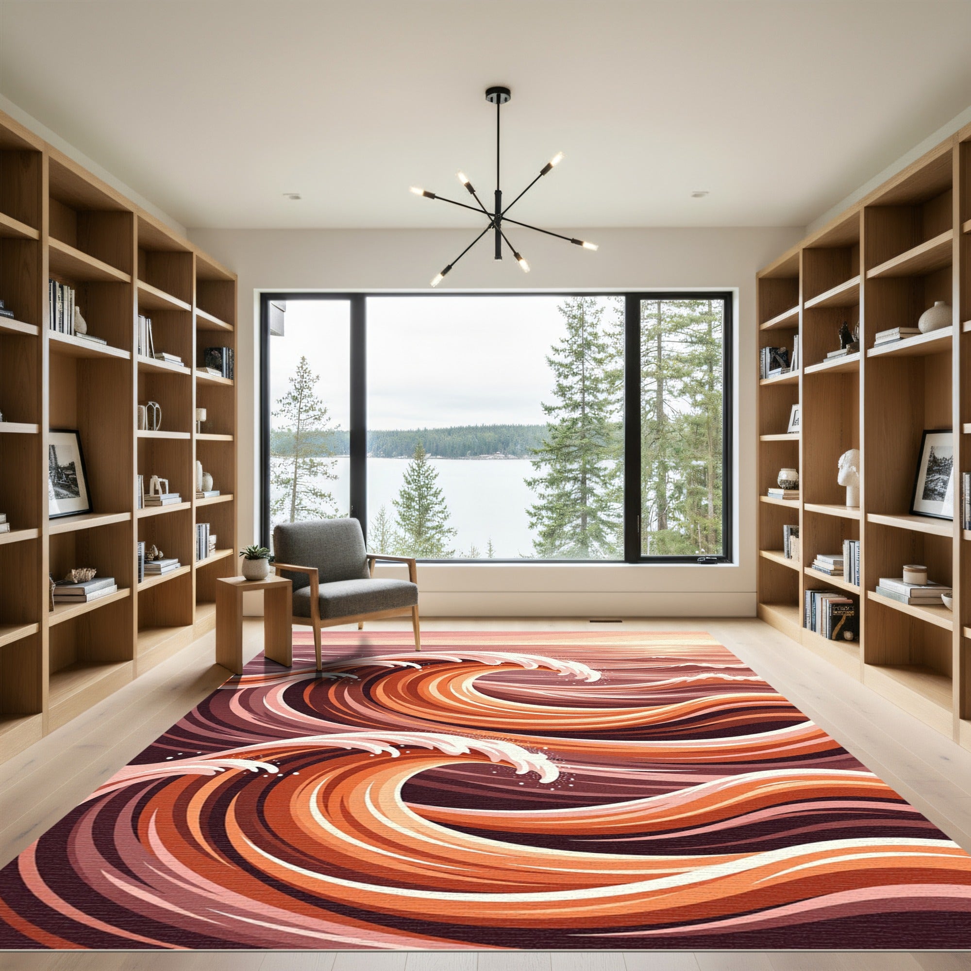 Crimson Orange Abstract Swirling Ocean Waves Rug