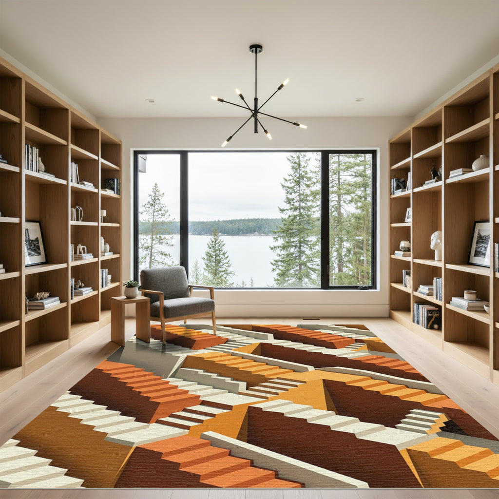 Terracotta Beige Escher Staircase Illusion Rug
