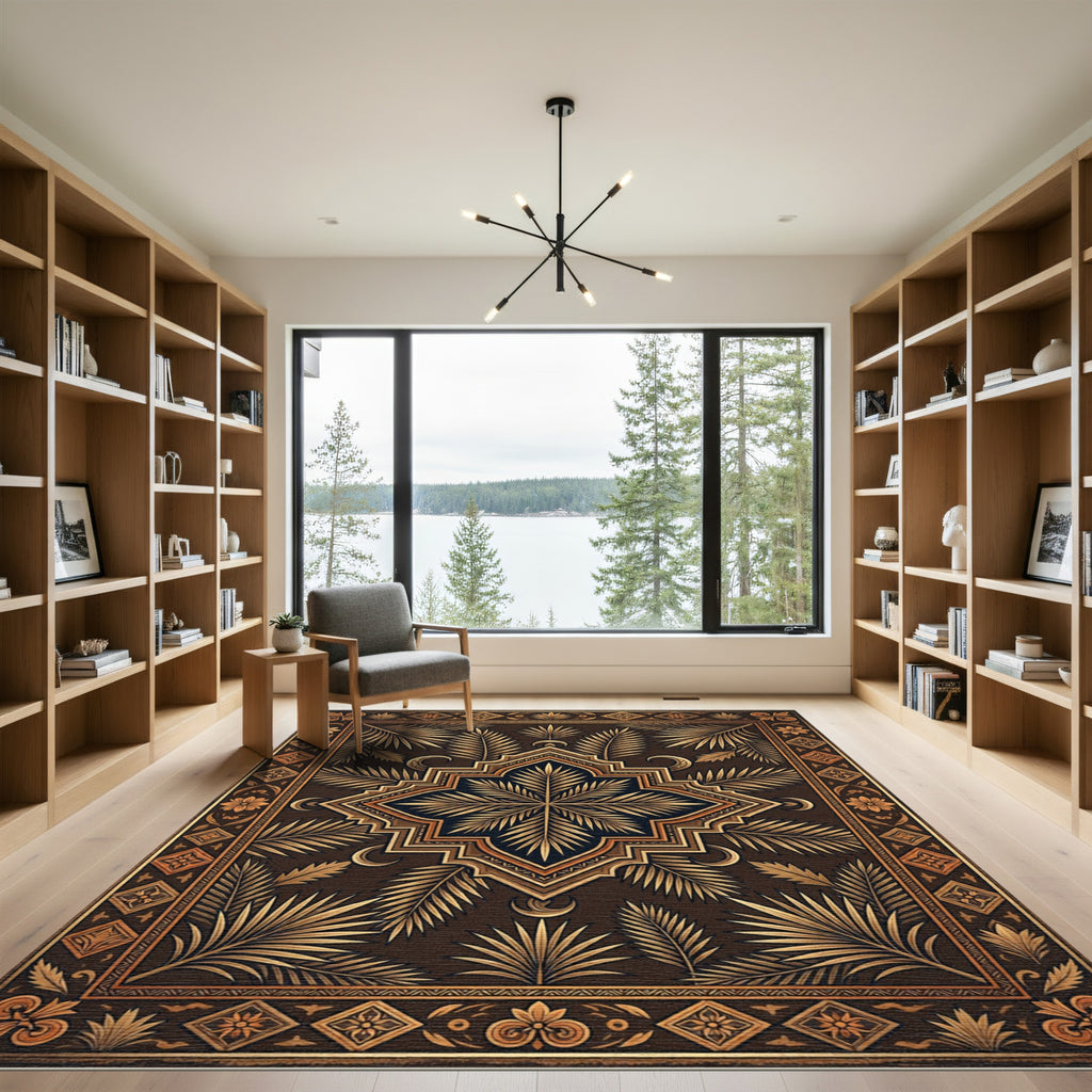 Golden Leafy Botanical Medallion Art Rug
