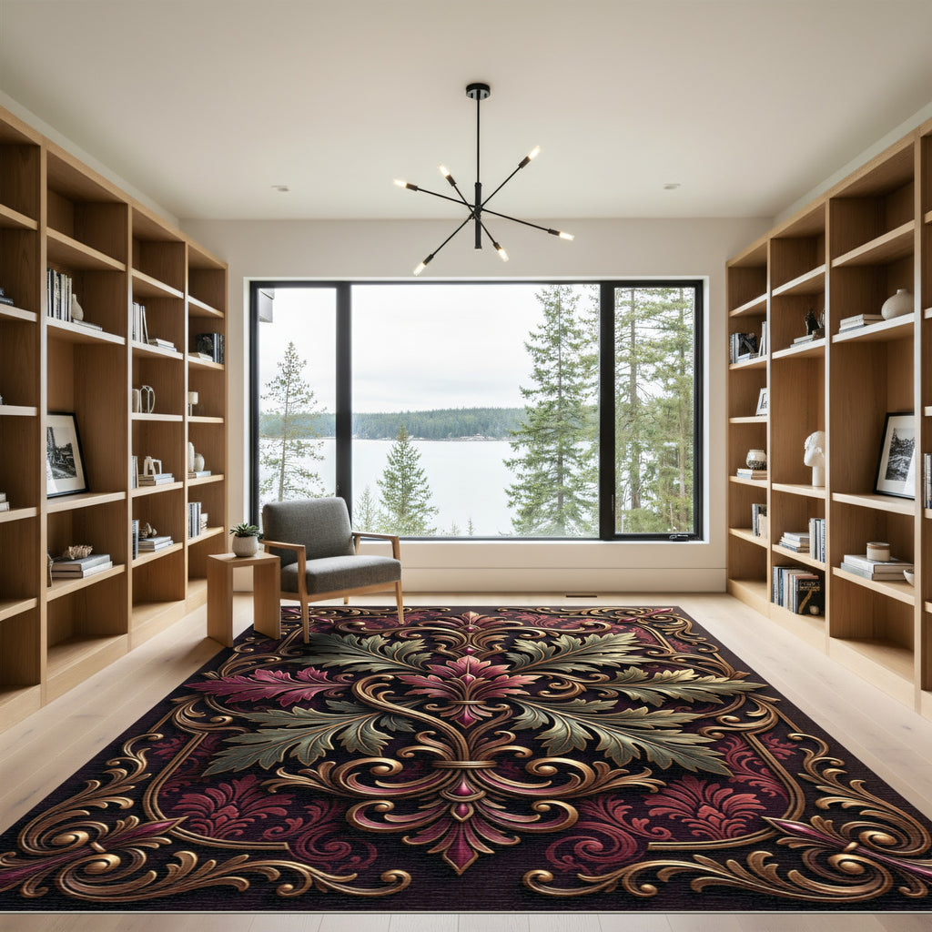 Ornate Gold Burgundy Acanthus Foliage Rug