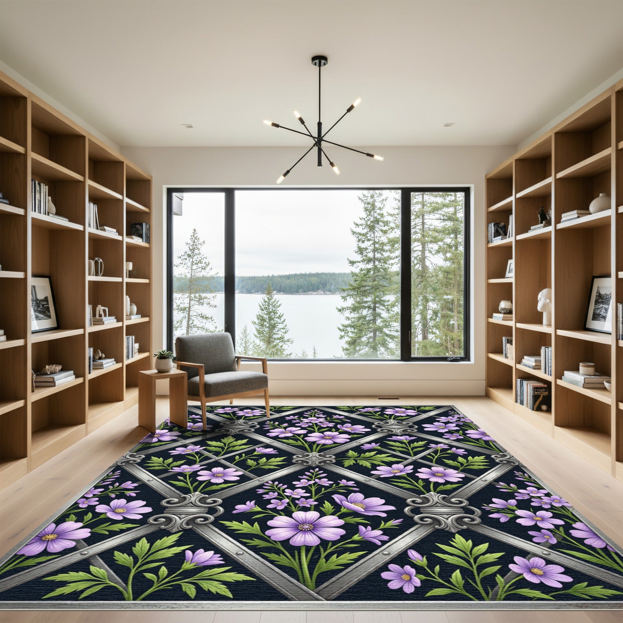 Silver Lattice Lavender Floral Garden Rug