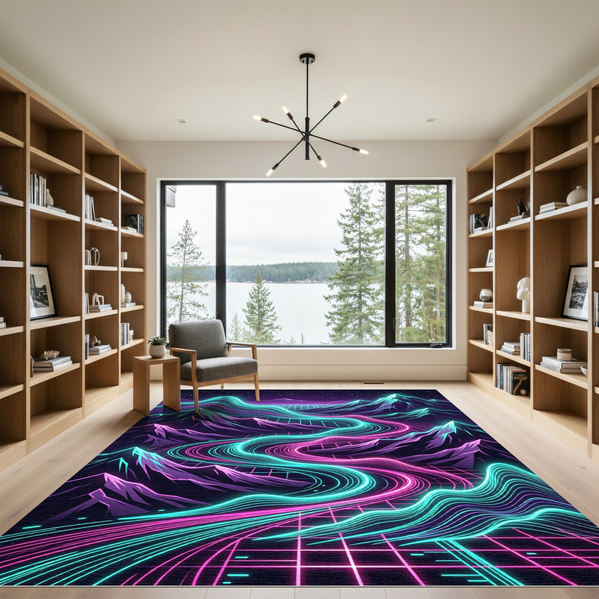 Neon Synthwave Mountain Landscape Electric Grid Rug