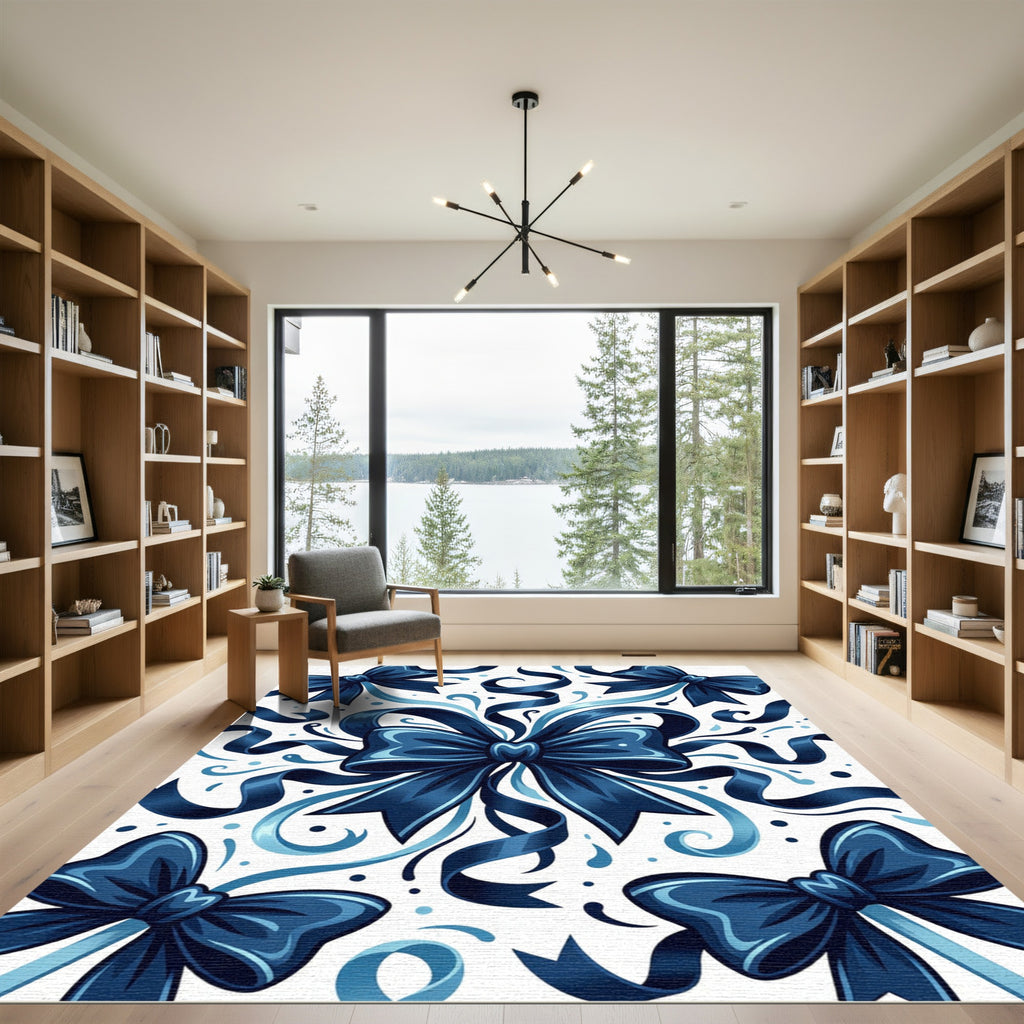 Elegant Navy Blue Ribbon Flourish Rug