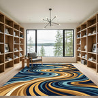 Abstract Blue Gold Swirl Flow Rug