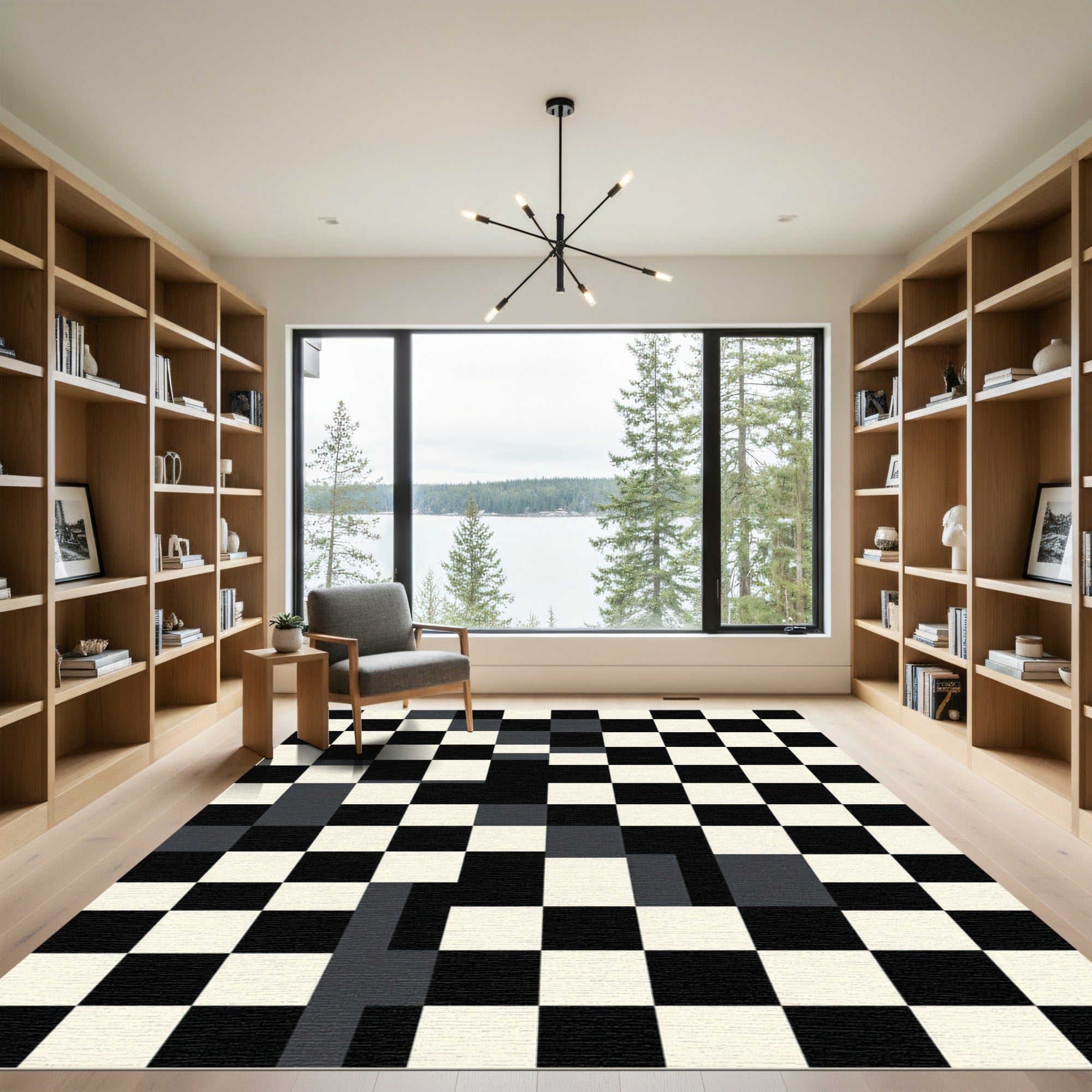 Monochromatic Graphic Checkerboard Arrangement Rug