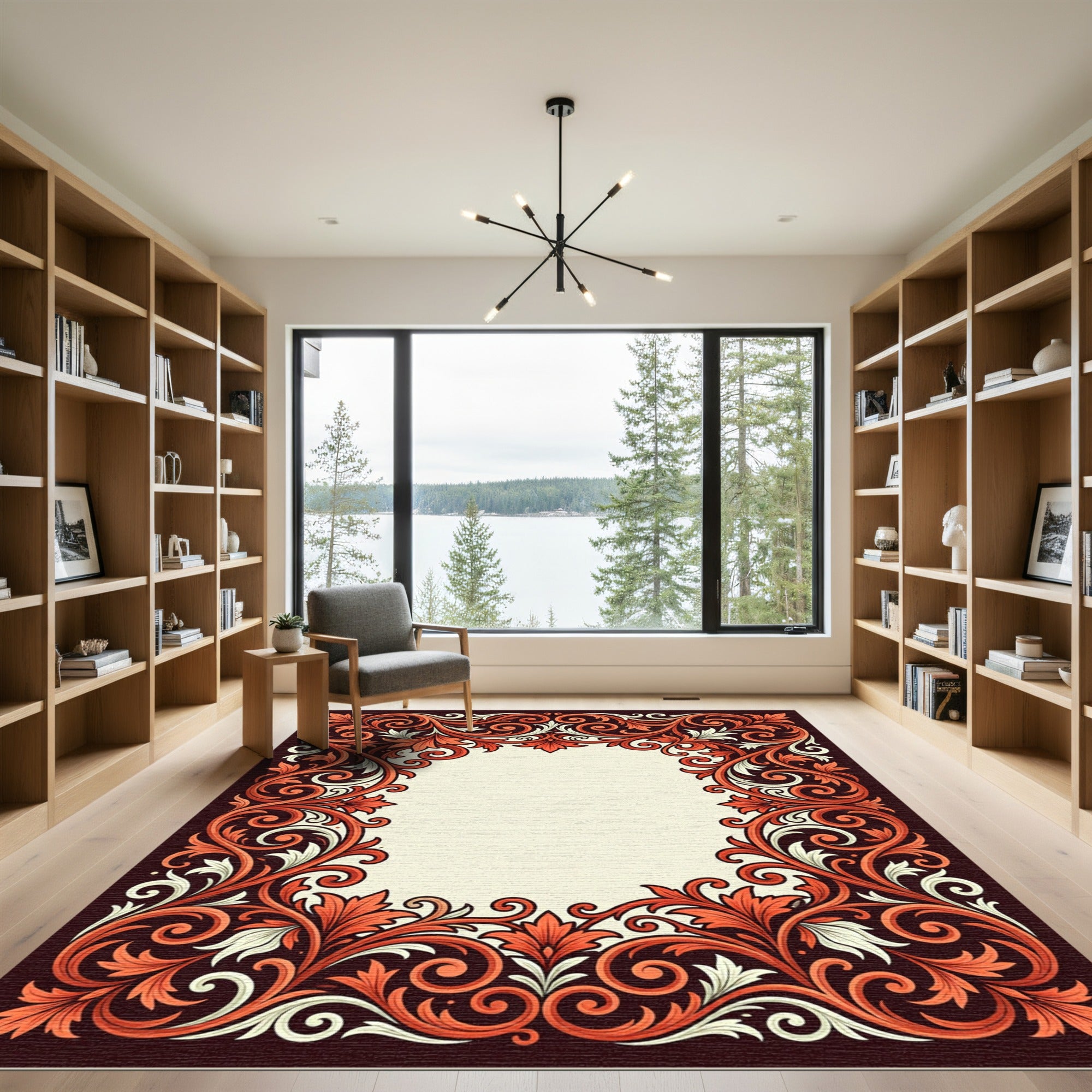 Elegant Burnt Orange Filigree Scroll Frame Rug