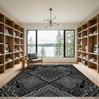 Ornate Black and Silver Geometric Arabesque Rug