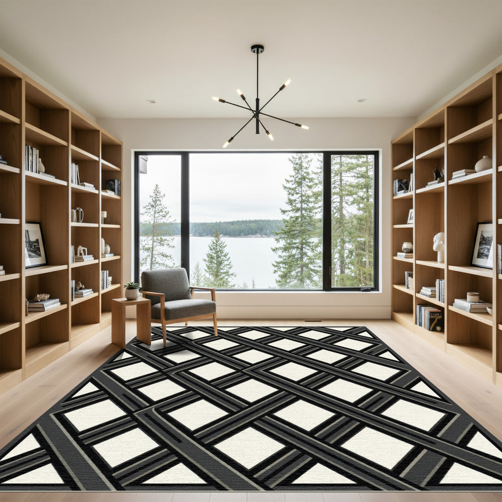 Monochromatic Charcoal Interlocking Diamond Lattice Rug