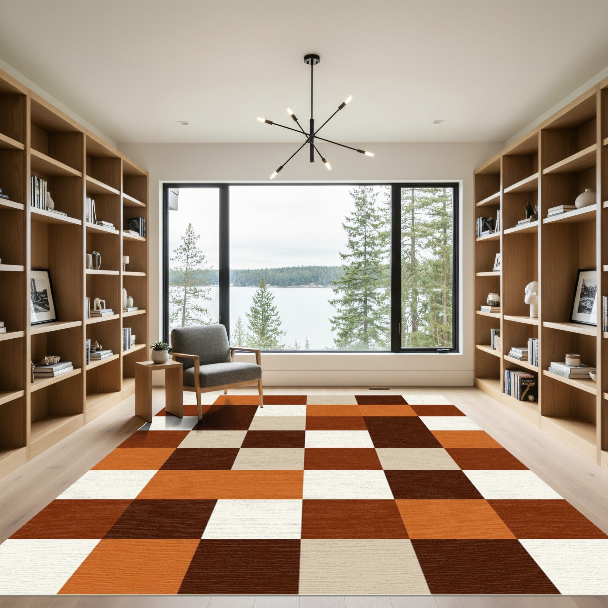 Terracotta Cream Brown Checkerboard Blocks Rug