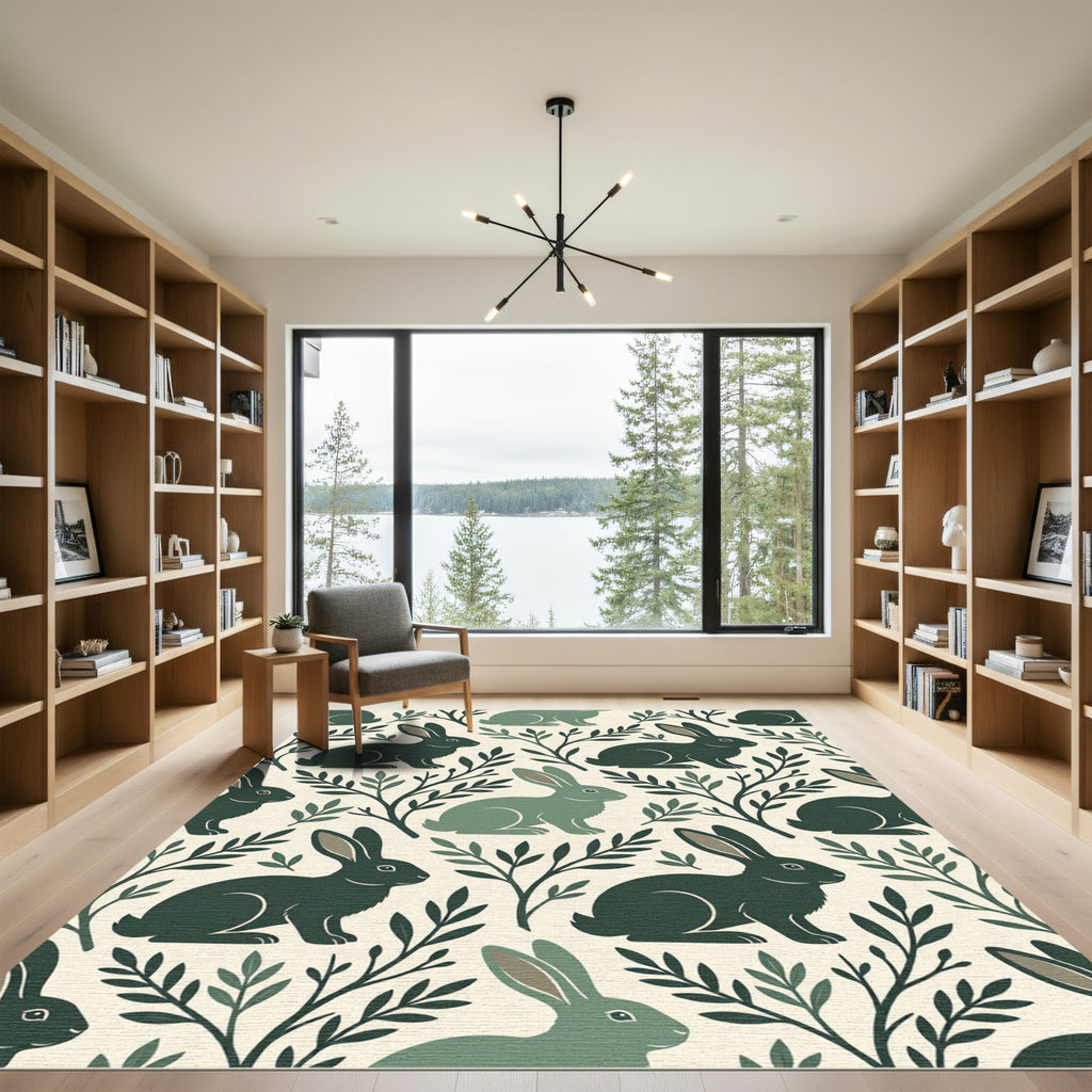 Sage Green Rabbit Woodland Forest Illustration Rug