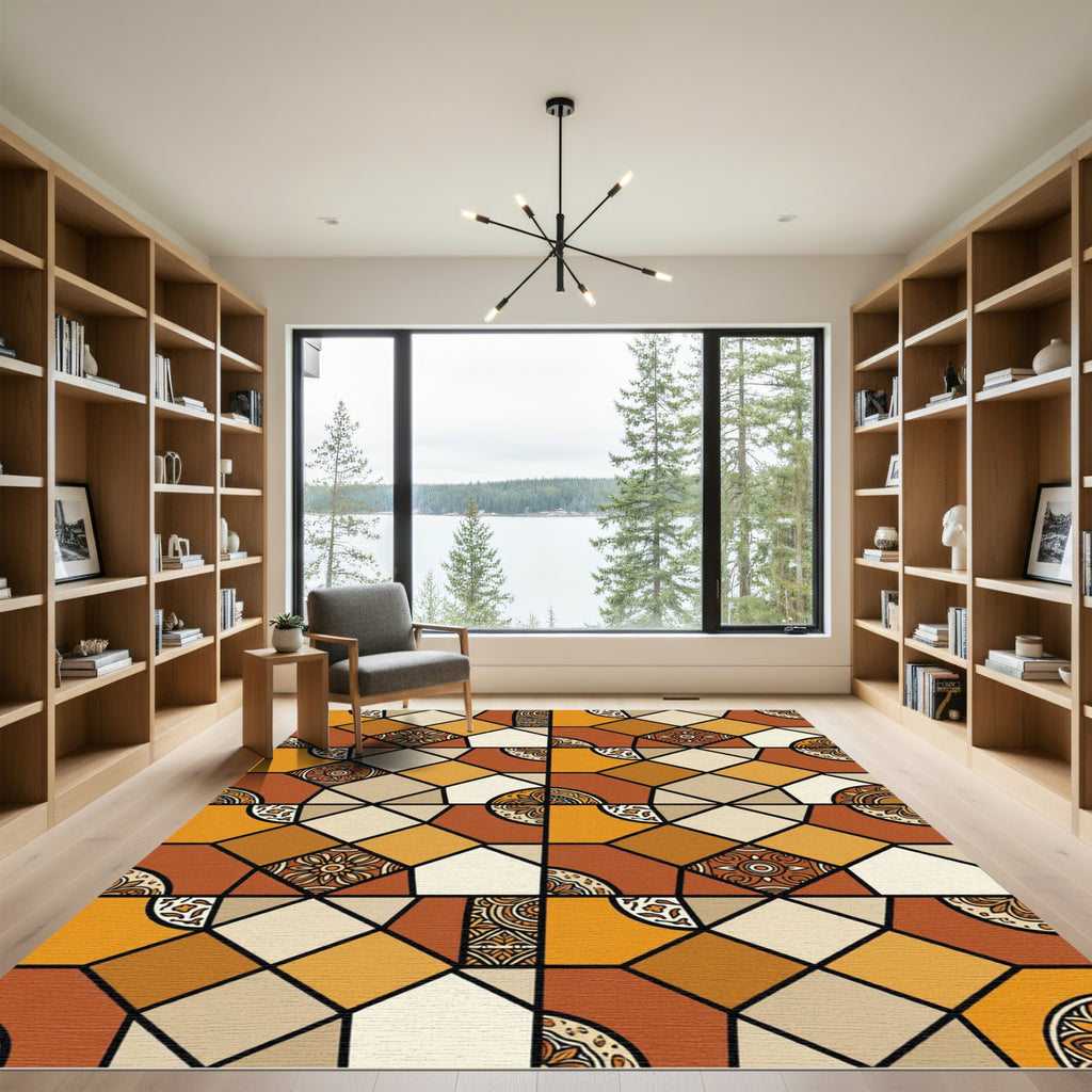 Geometric Ochre Terracotta Tile Mosaic Rug
