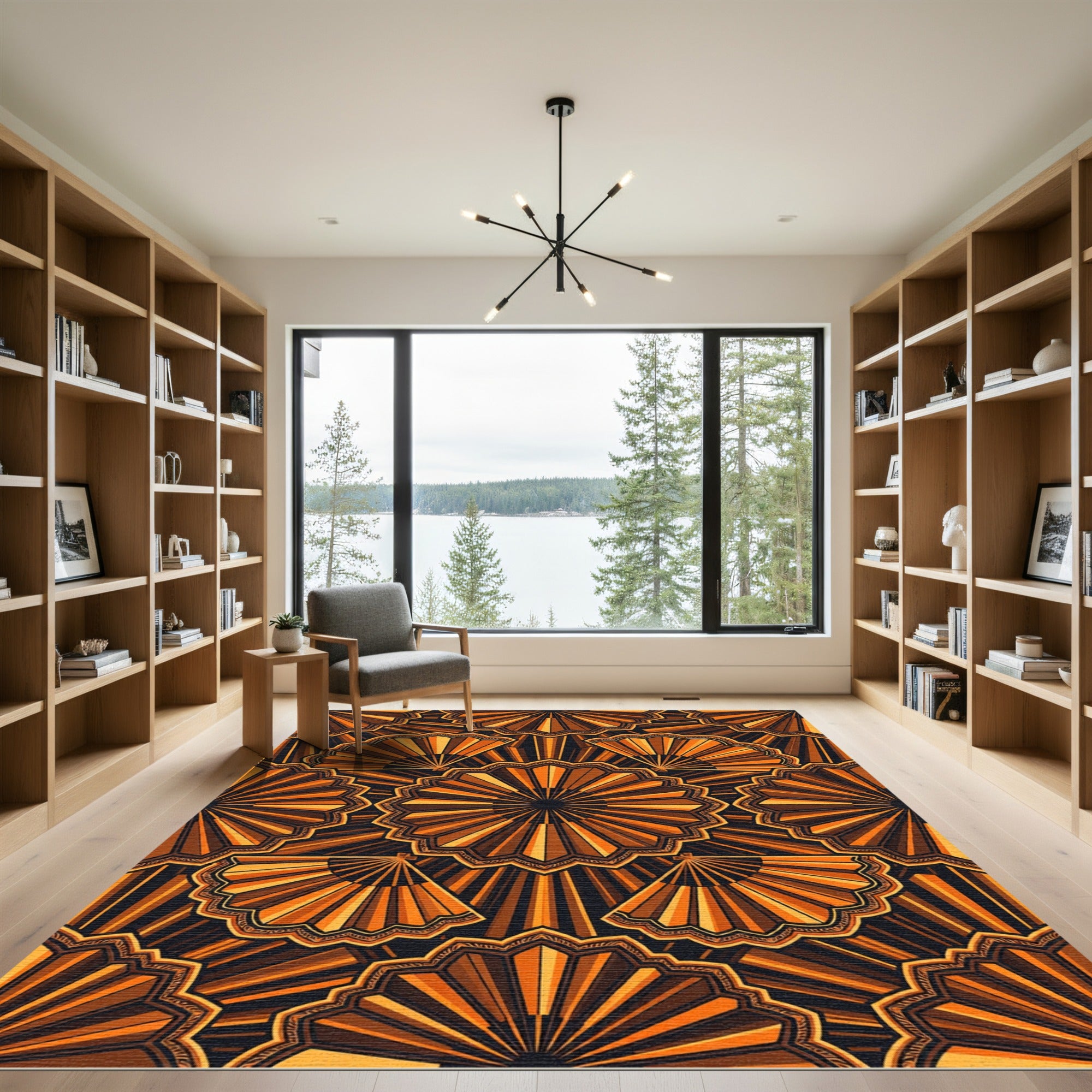 Orange Sunburst Fan Geometric Arrangement Rug