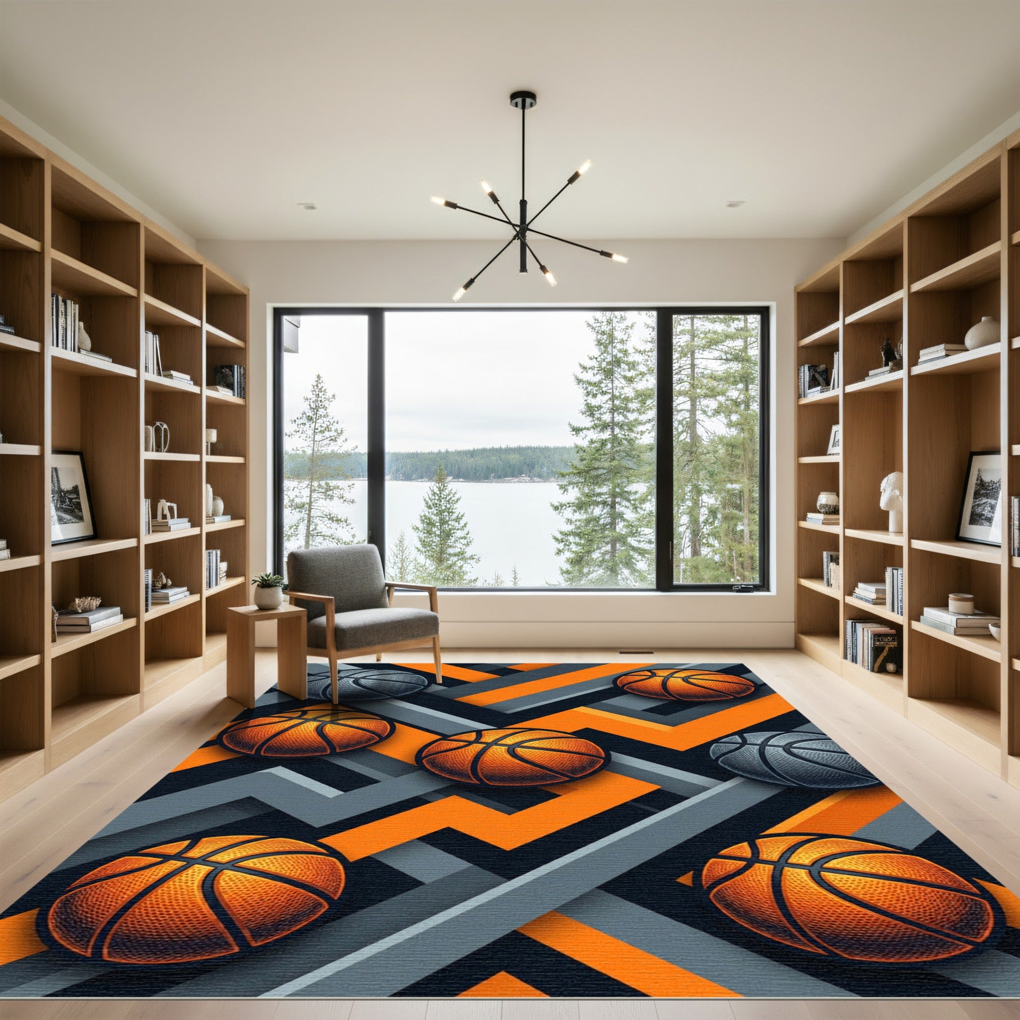 Orange and Gray Basketball Geometric Rug