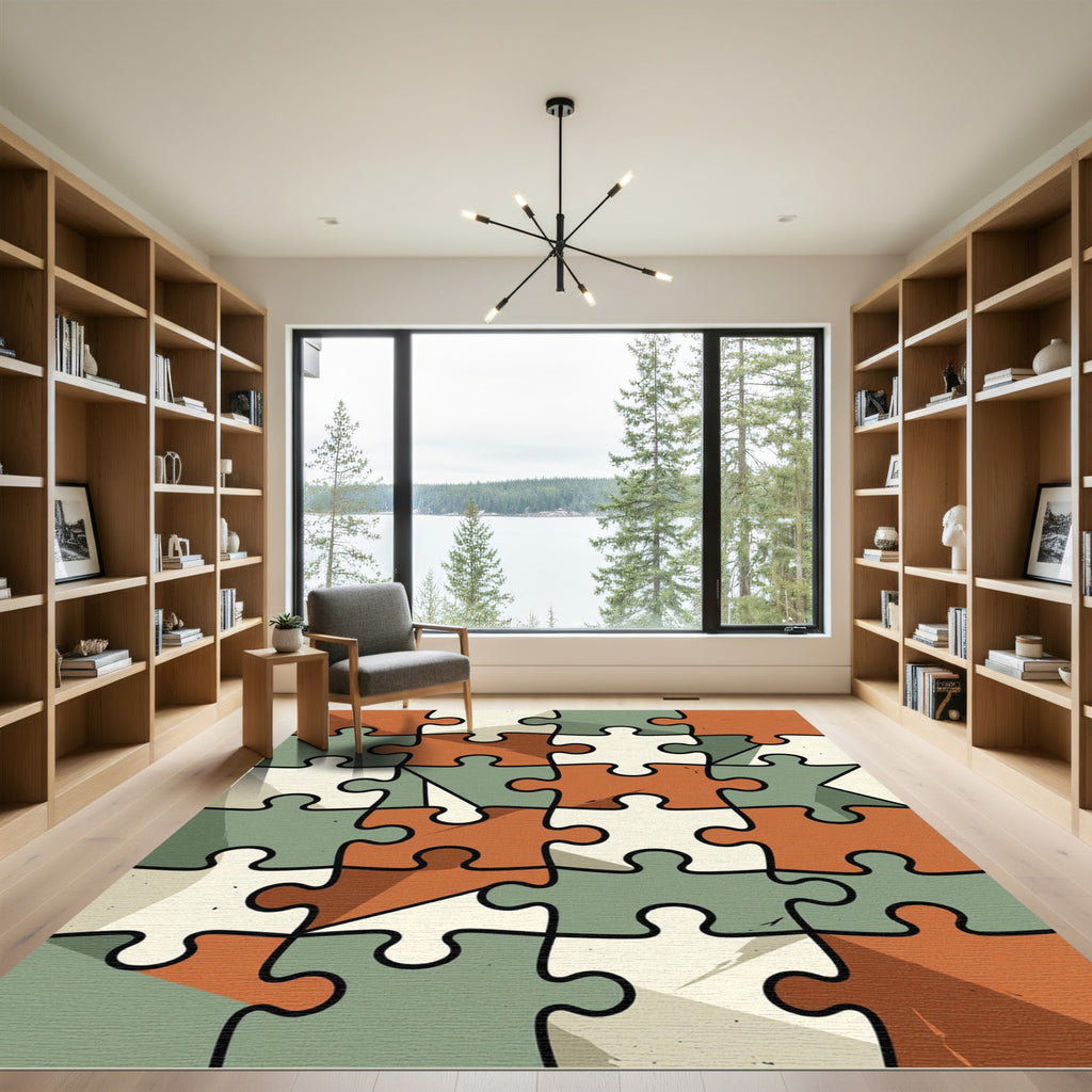 Abstract Earth Tone Geometric Jigsaw Tile Rug