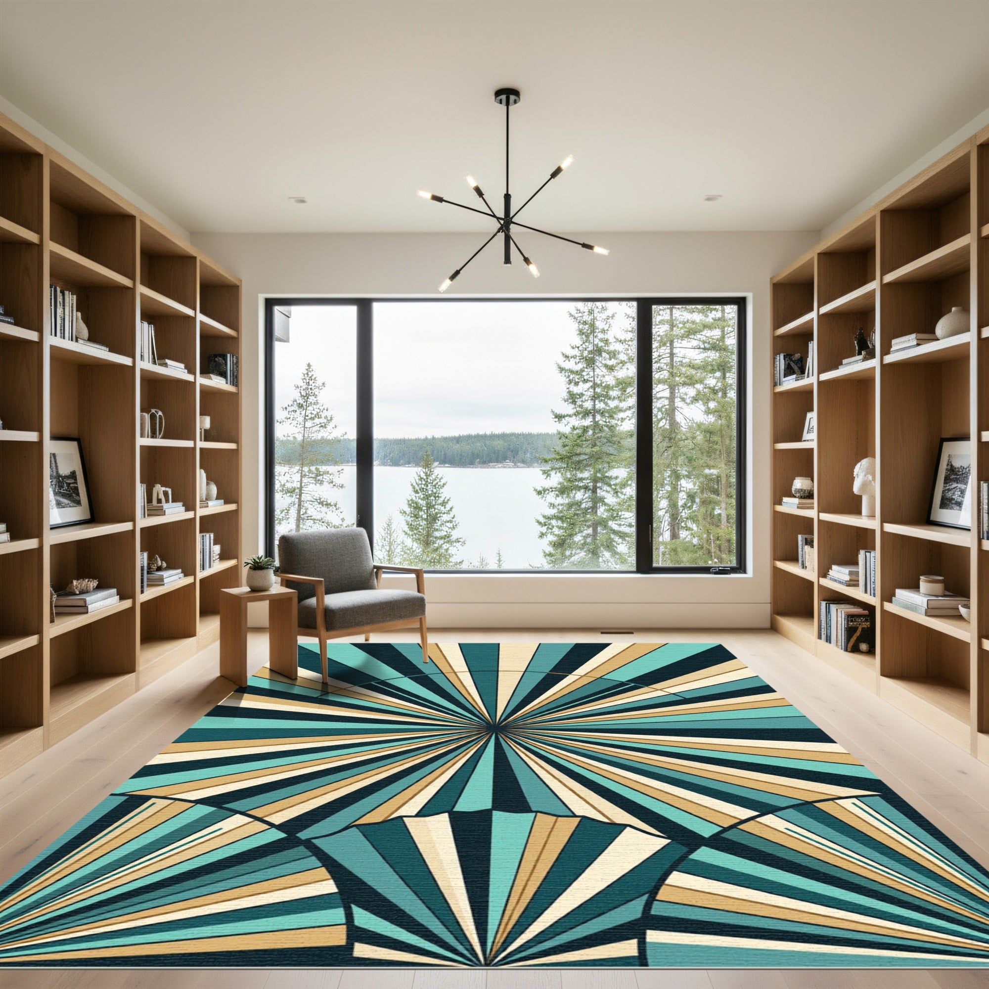 Teal Gold Sunburst Fan Rays Rug