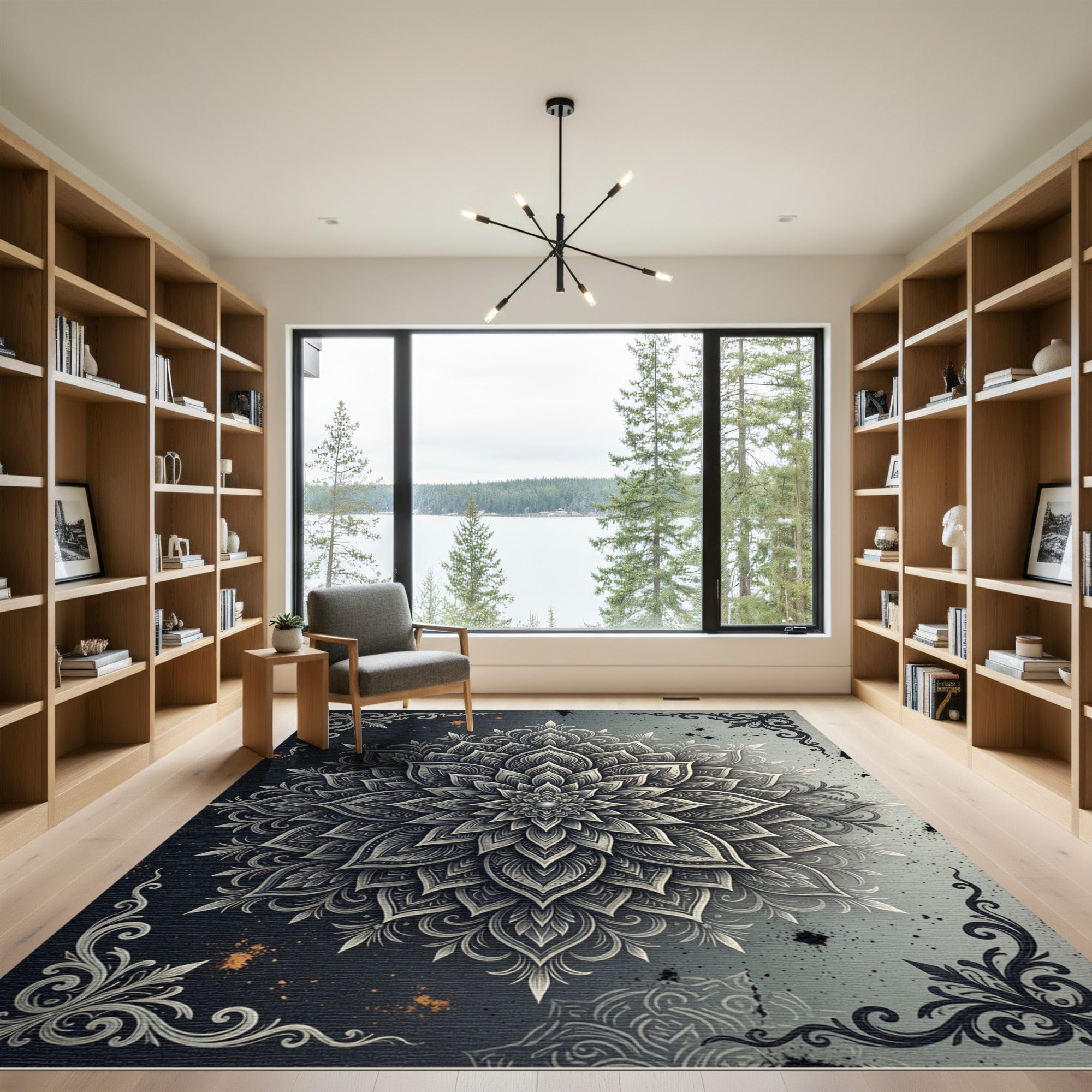 Ethereal Silver Mandala Floral Art Rug