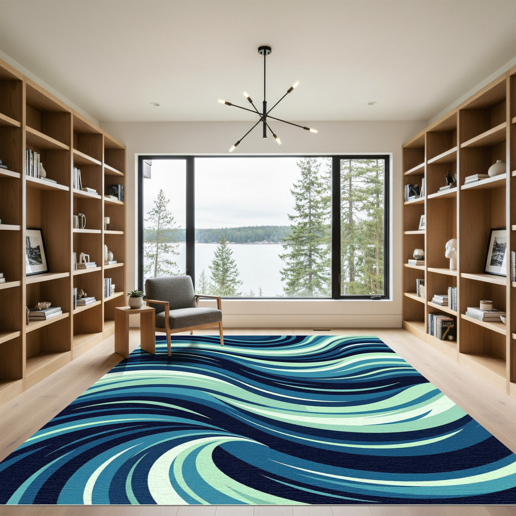 Flowing Aqua Teal Wave Abstract Rug
