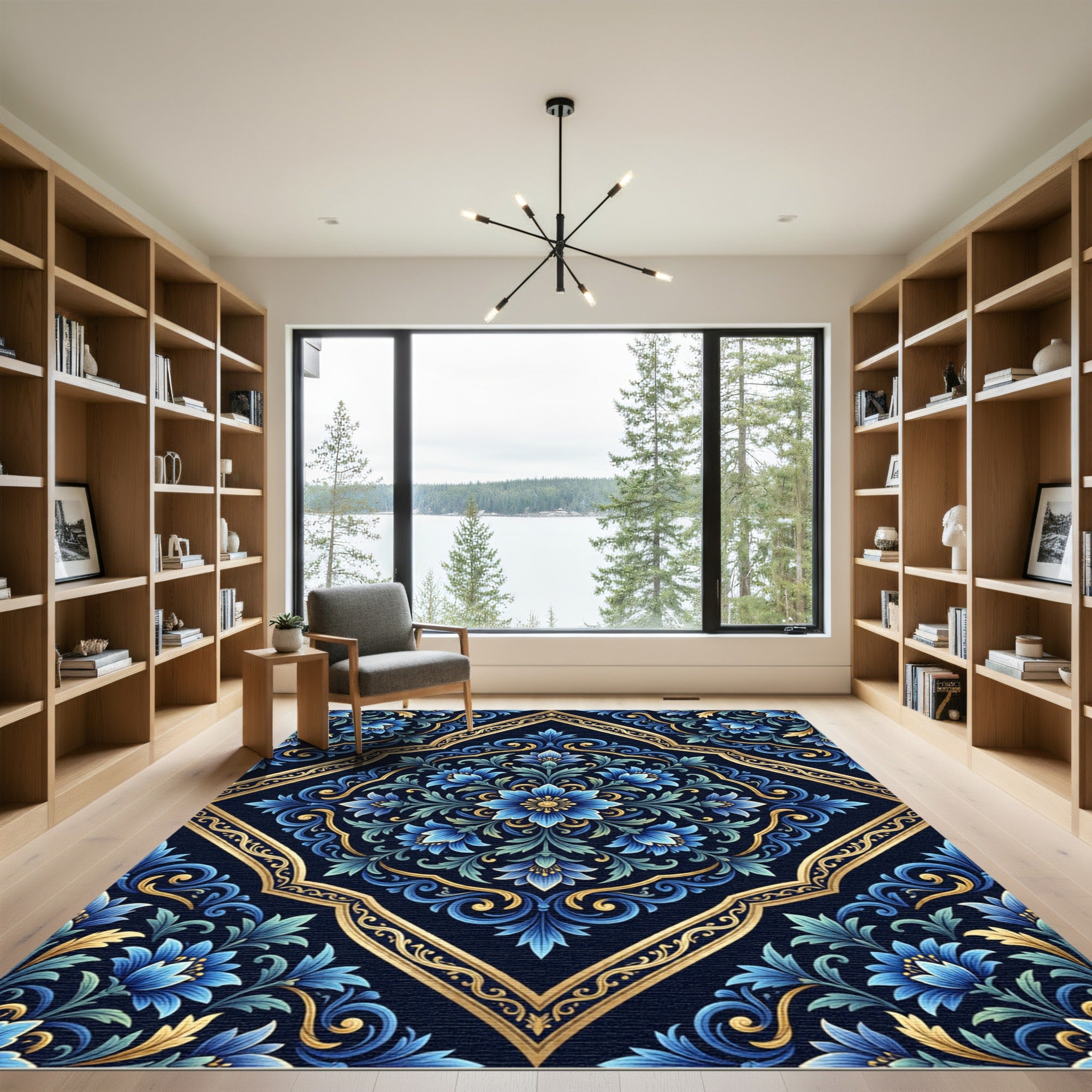 Classic Blue Gold Floral Damask Rug