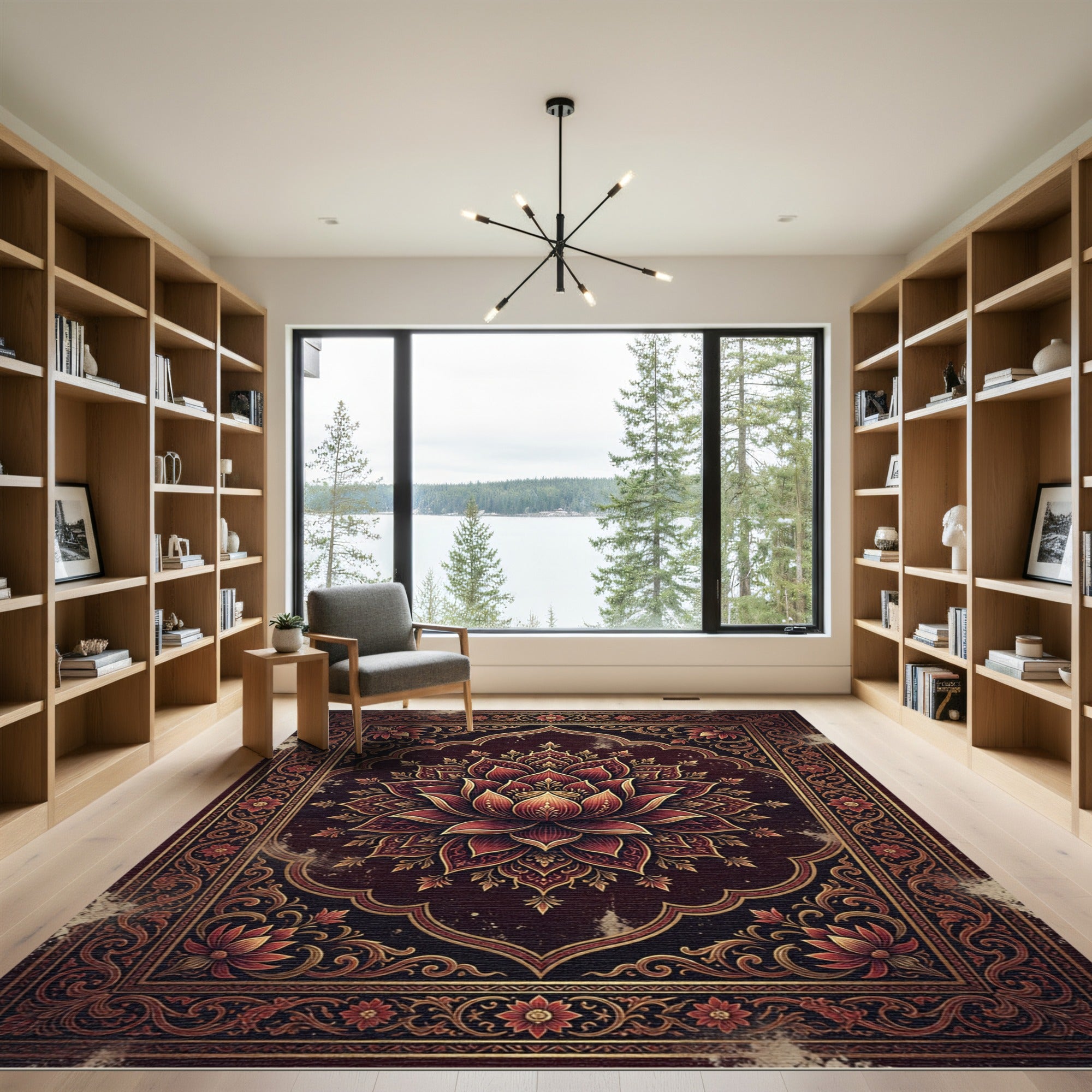 Ornate Deep Maroon Lotus Medallion Rug