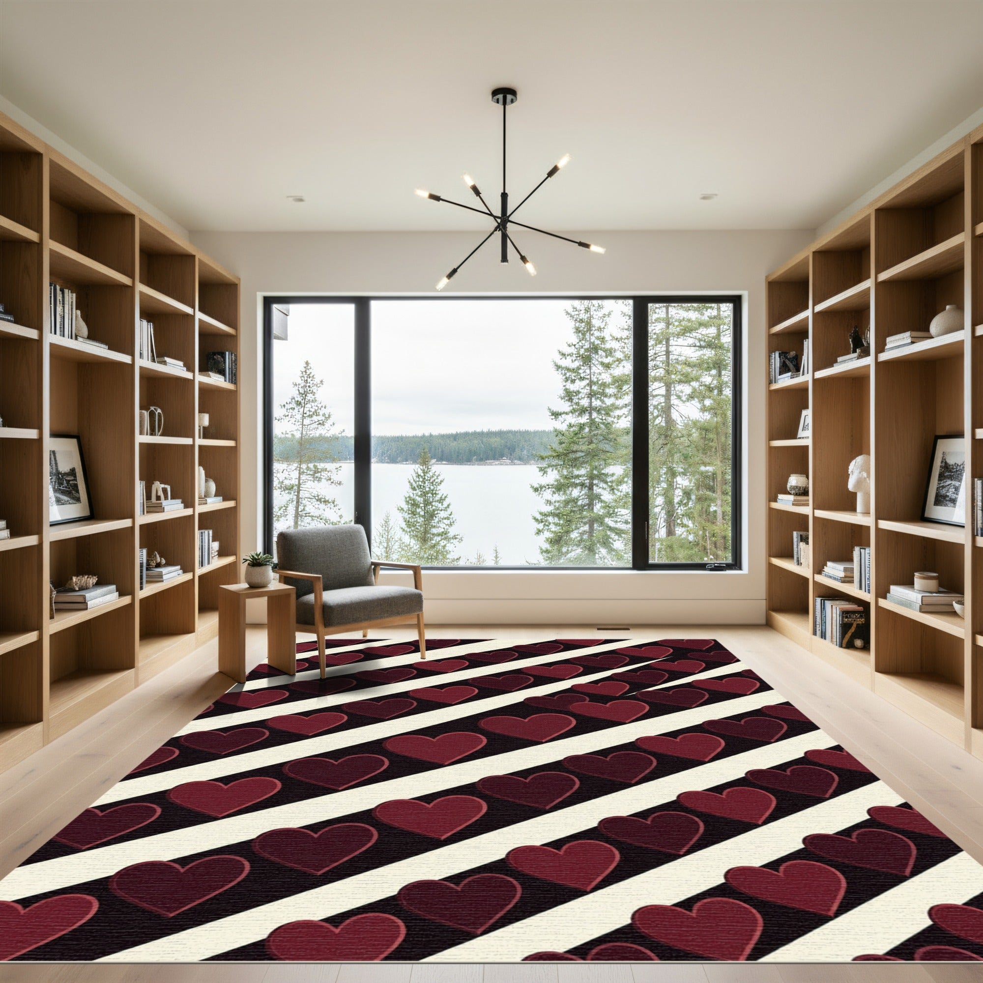 Dark Maroon Hearts on Diagonal Stripes Rug