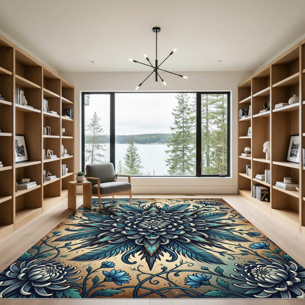 Intricate Teal Chrysanthemum Floral Medallion Rug
