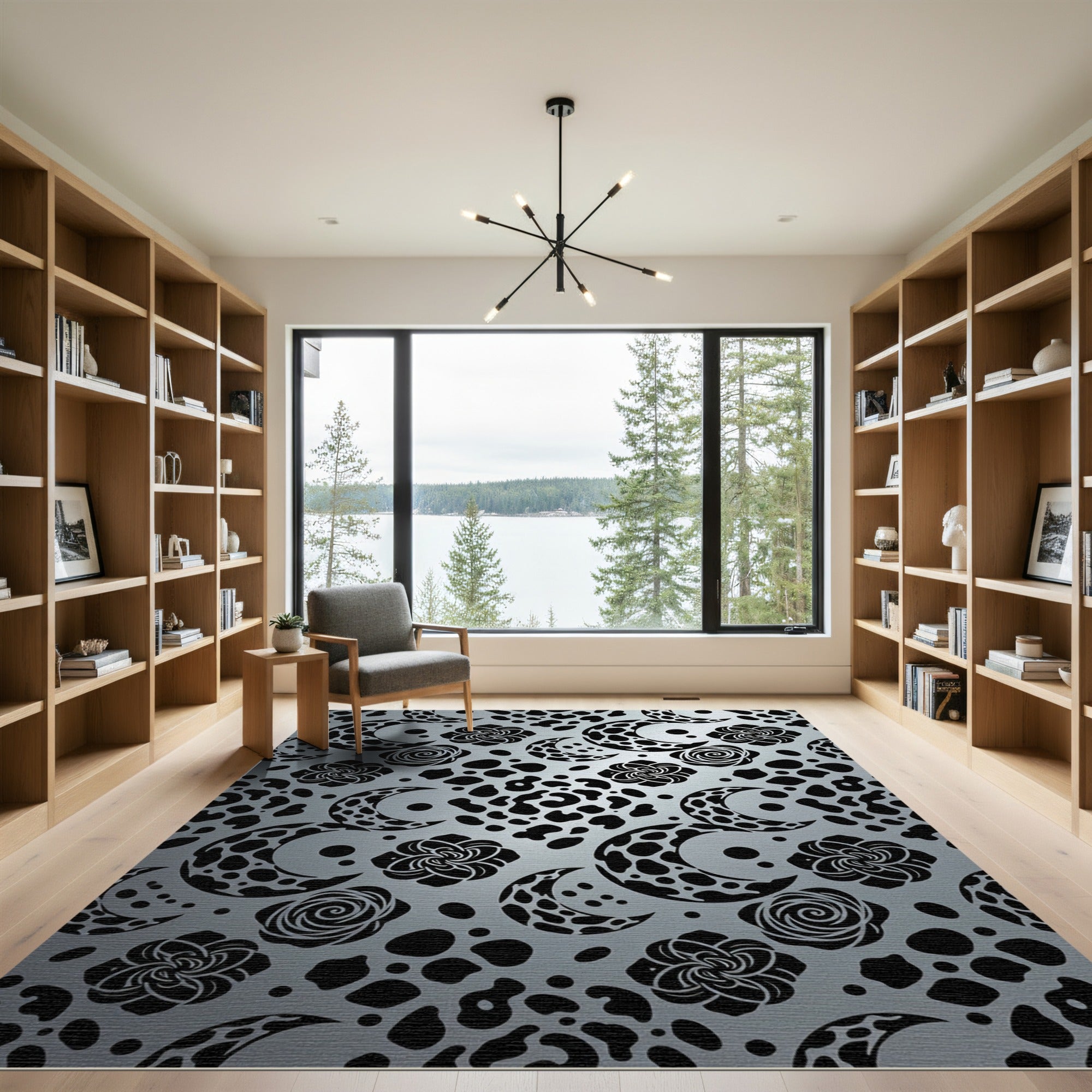 Black Moon Rose Leopard Print Rug