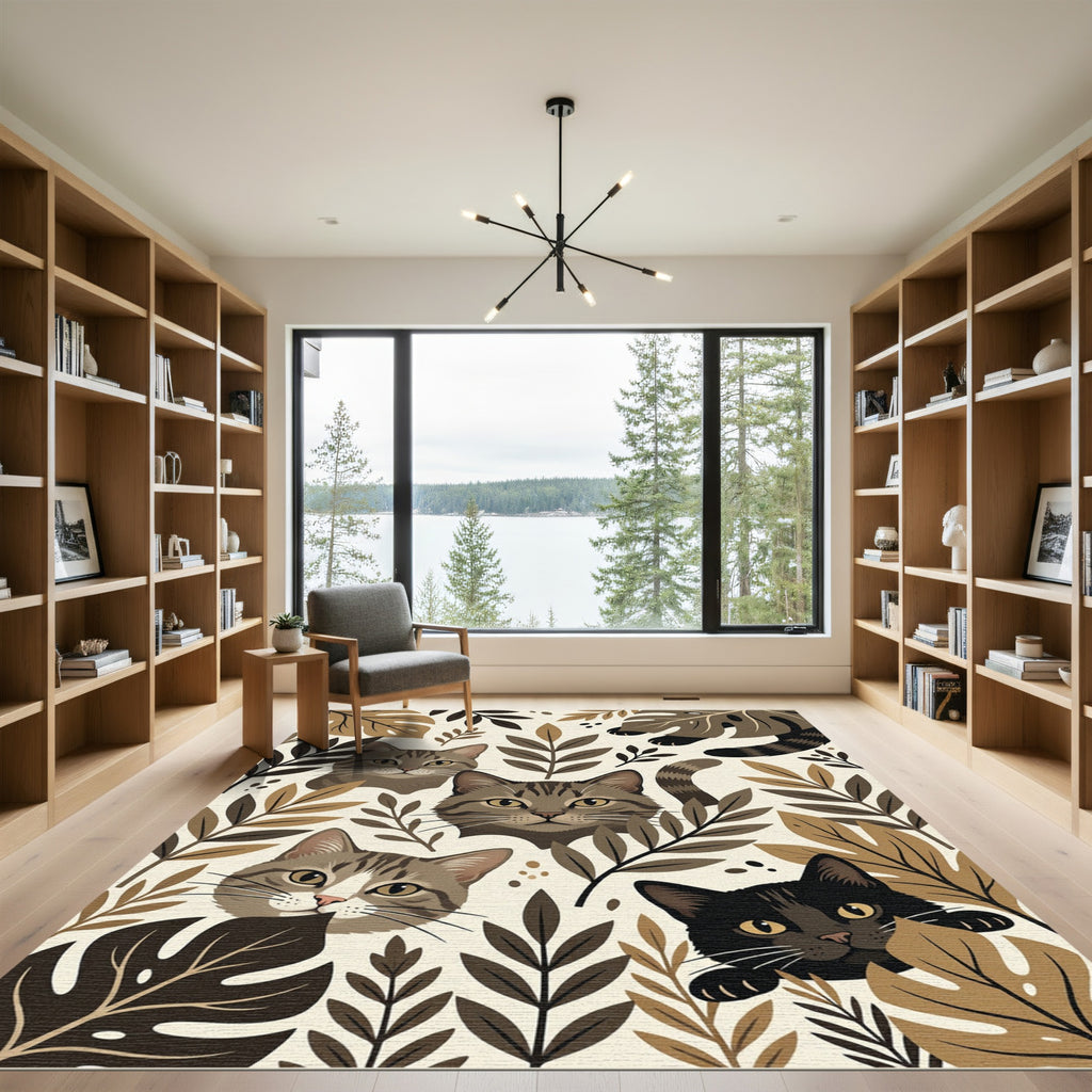Earthy Neutral Cat and Leaf Illustration Rug
