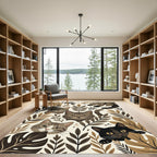 Earthy Neutral Cat and Leaf Illustration Rug