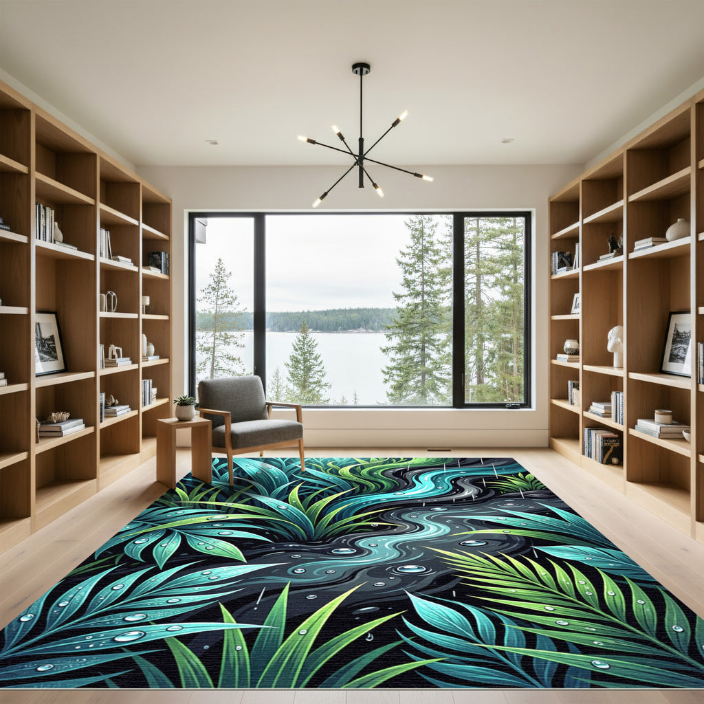 Lush Teal Tropical Rain Foliage Rug